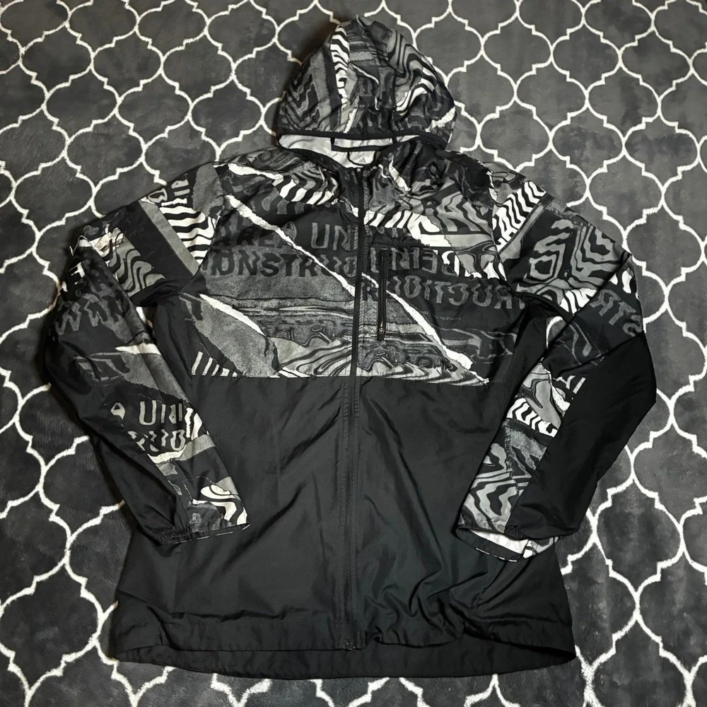 Adidas Mens Running Windbreaker Jacket Black Grey Graphic Hooded Full Zip L